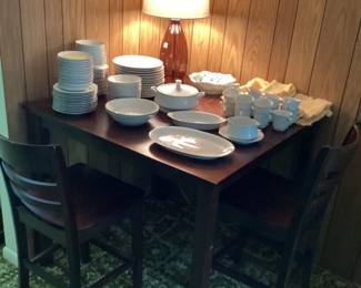 High Top Table -2 Chairs Topped with a set of Crown Victoria Lovelace Fine China and a0 pair of VINTAGE Amber lamps