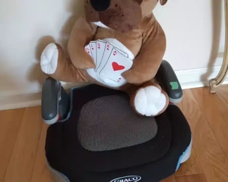 $10.  Card Playing Stuffed Animal Dog, and Small Child Booster Seat, 