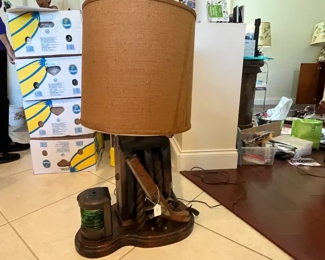 Vintage Wooden Block & Tackle Rope Pulley Table Ship Lamp with Starboard Light & Musket w/Powder Bag