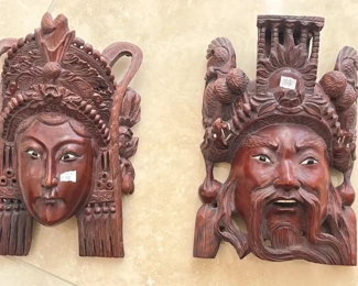 CHINESE ROSEWOOD HAND CARVED MASKS EMPEROR & EMPRESS DRAGONS”