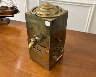 Vintage Brass Samovar Teapot .. Etched Landscapes Tea Coffee Warmer Dispenser, Chinoiserie Chinese Design, Carrying Handles Footed