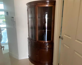Vintage Mahogany Corner Curio Cabinet, Double Door Storage Below, 70h x 27w