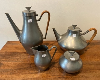 Vintage Denmark (Pewter, Hollowware) by John Prip for Reed & Barton, Coffee/Tea Pot, Cream/Sugar with Wicker Wrap Handles