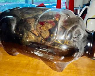 Libbey Glass amber pig smiling jar