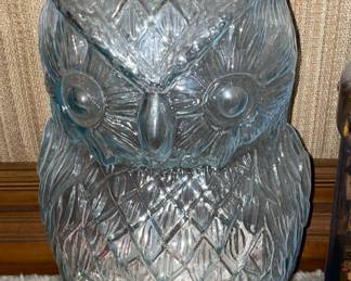 vintage Wise Old Owl glass jug with matches