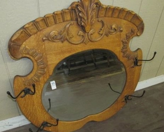 Fancy Carved Oak Wall Mirror w/Coat Hooks