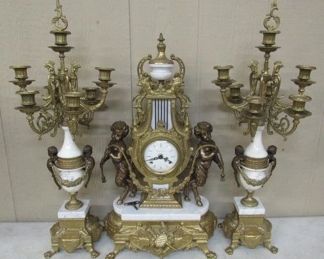 Marble & Brass Clock w/Candle Holders Set