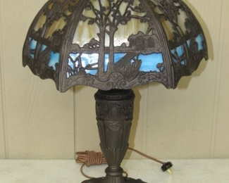 Slag Glass Shade & Iron Base Antique Lamp