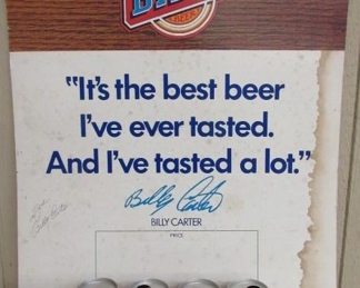 1977 Autographed Billy Beer Cardboard Store Display Sign w/4 Cans - Autographed by Billy Carter