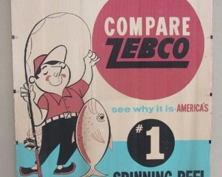 1950's - 1960's Corrugated Cardboard Zebco Fishing Rod & Reel Store Display Sign - 43" x 48"