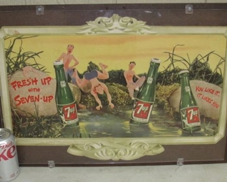 1946 Cardstock 7up Country Store Sign - Boys Jumping in Water - 14" x 22"