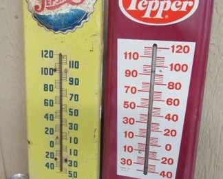 1950's Metal Pepsi-Cola Bottle Cap Thermometer & Vintage Metal Dr Pepper Thermometer 
