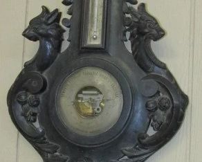 German Carved Barometer & Thermometer - Notice Carved Heads