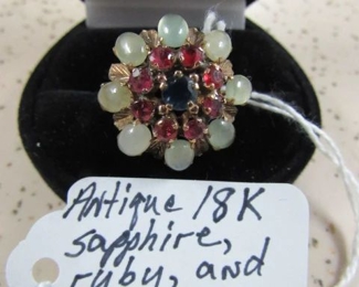 Antique 18K Gold, Sapphire, Ruby, & Moon Stone Ring