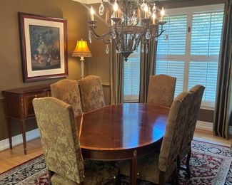 Stickley Federal Style Inlaid Mahogany Dining Table (Shown 46"W x 72"L x 29-1/2"H) with 6 Upholstered High Back Side Chairs