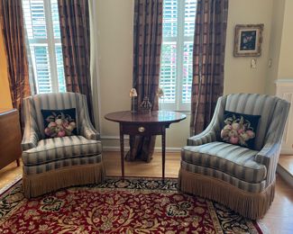 Councill Low Armed Fringe Accent Upholstered Chair (pr) (37"Back H x 31"W x 33"D) & Councill Dropleaf 1 Drawer End Table (pr) (19-1/2 Closed W / 37-1/2" Open W x 28"H x 29-1/2"D)