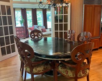 Black Floral Motif Oval Pedestal Dining Table (77"L x 54"W x 30"H) with 6 Upholstered Seat Armchairs