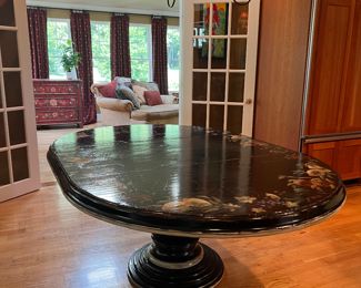 Black Floral Motif Oval Pedestal Dining Table (77"L x 54"W x 30"H)