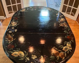 Black Floral Motif Oval Pedestal Dining Table (77"L x 54"W x 30"H)