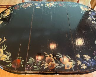 Black Floral Motif Oval Pedestal Dining Table (77"L x 54"W x 30"H)