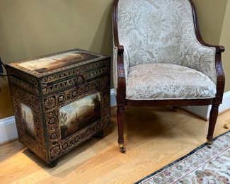 Hancock & Moore Upholstered Armchair on Casters & Decorative Mini-Trunk