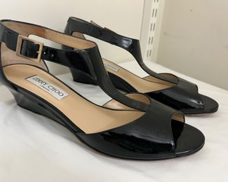 Women's Jimmy Choo Treat Black Patent Leather T-Strap Wedges Size 40