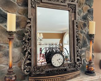 Decorative Mantle Mirror & Clock & Candlesticks