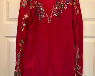 Women's Johnny Was Red Floral Embroidered Tie Yoke Neck Tunic Top Blouse Size L