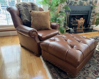 Brown Leather Tufted Armchair & Ottoman