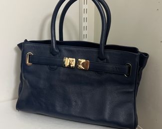 Onna Ehrlich "Maya" Navy Blue Pebbled Leather Handbag
