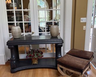 Wooden Console Table With Animal Print Ottomans 