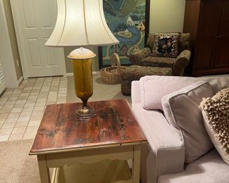 Wooden Accent Table with Brass Lamp