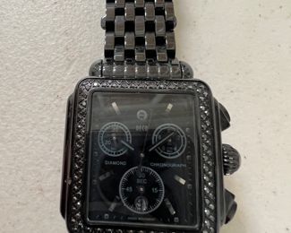 Woman's Michele Black Deco Diamond Dial Wristwatch