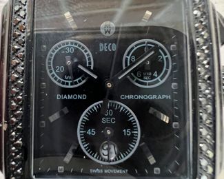 Woman's Michele Black Deco Diamond Dial Wristwatch