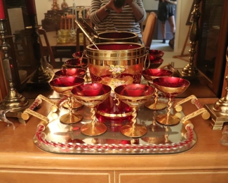 Tre Fuochi Venetian Murano Glass 6 Enameled and Gold Gilt Champagne Glasses and Bucket with TRAY