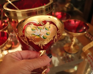 Tre Fuochi Venetian Murano Glass 6 Enameled and Gold Gilt Champagne Glasses and Bucket with TRAY