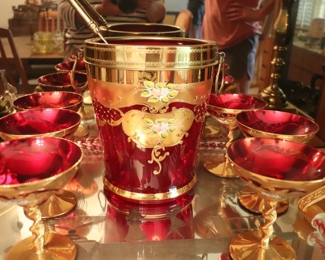 Tre Fuochi Venetian Murano Glass 6 Enameled and Gold Gilt Champagne Glasses and Bucket with TRAY