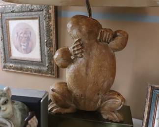 Vintage Pair of 1977 Chapman Table Lamps Frog Motif in Carved Wood 