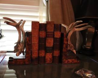 Antler and Burlwood Bookends  & Antique Leather Books 