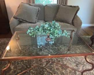Hickory, love seat, glass and gold coffee table 