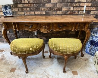 Wood entry/sofa table with (2) stools 64"W x 17"D x 27"H   