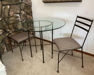 36" diameter glass/metal bistro table 30"H and (2) chairs   