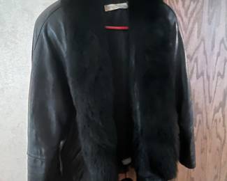 Leather jacket with fox collar