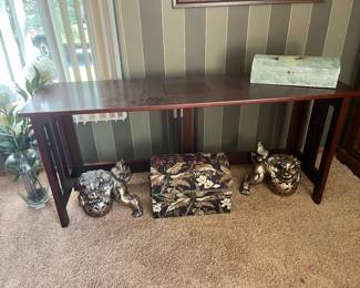 Wood sofa table and decor