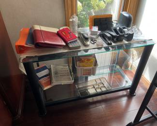 Office supplies and glass/metal shelf unit/stand
