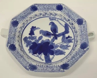 VTG Chinese Export Ware Blue Birds Warming Dish