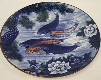 Large Koi Fish Pond Porcelain Plate 14"