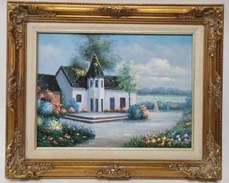 J. Perrine Oil on Canvas Church Scene