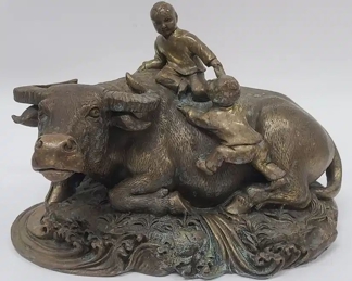 Chinese Cast Metal Water Buffalo & Children Statue