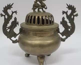 Vintage Brass Dragon Handled Incense Bowl